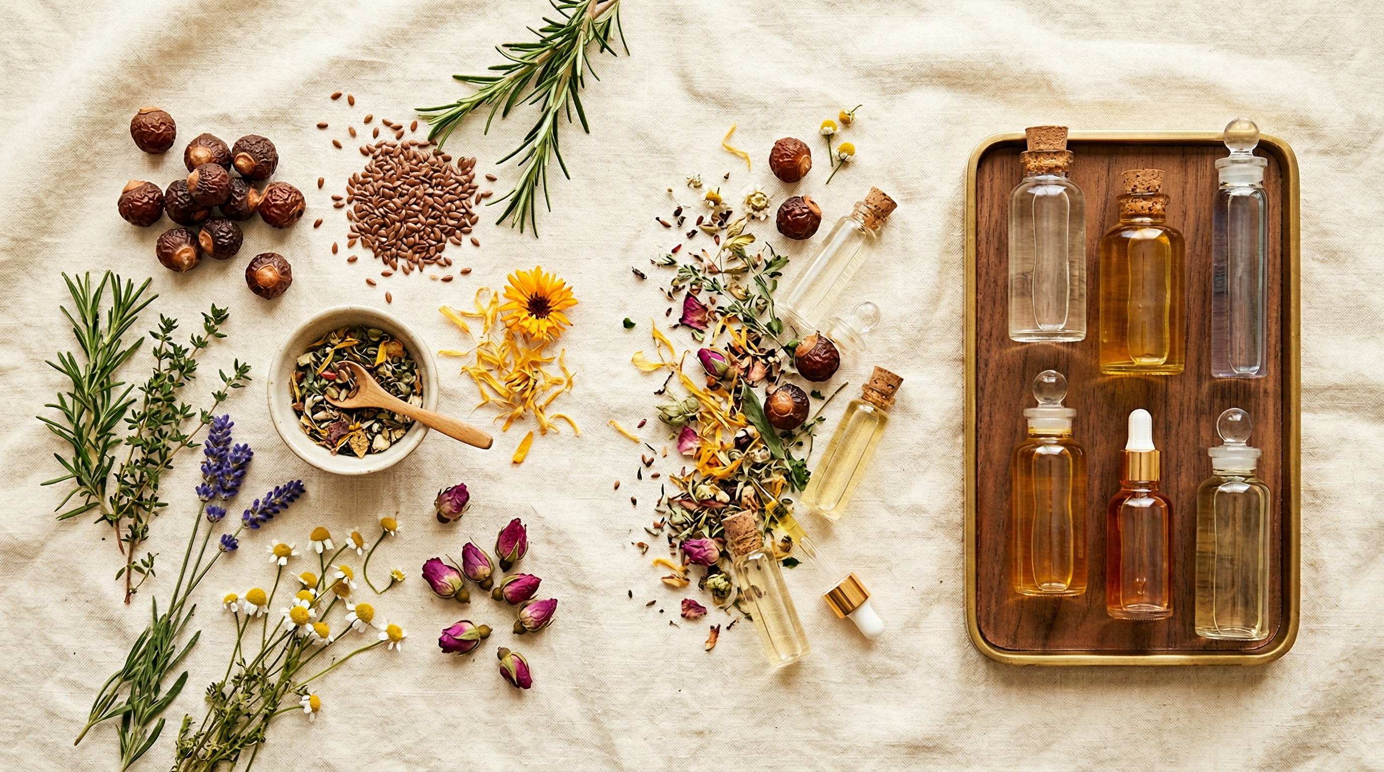 Botanical ingredients arranged alongside scientific lab equipment — representing the intersection of nature and science
