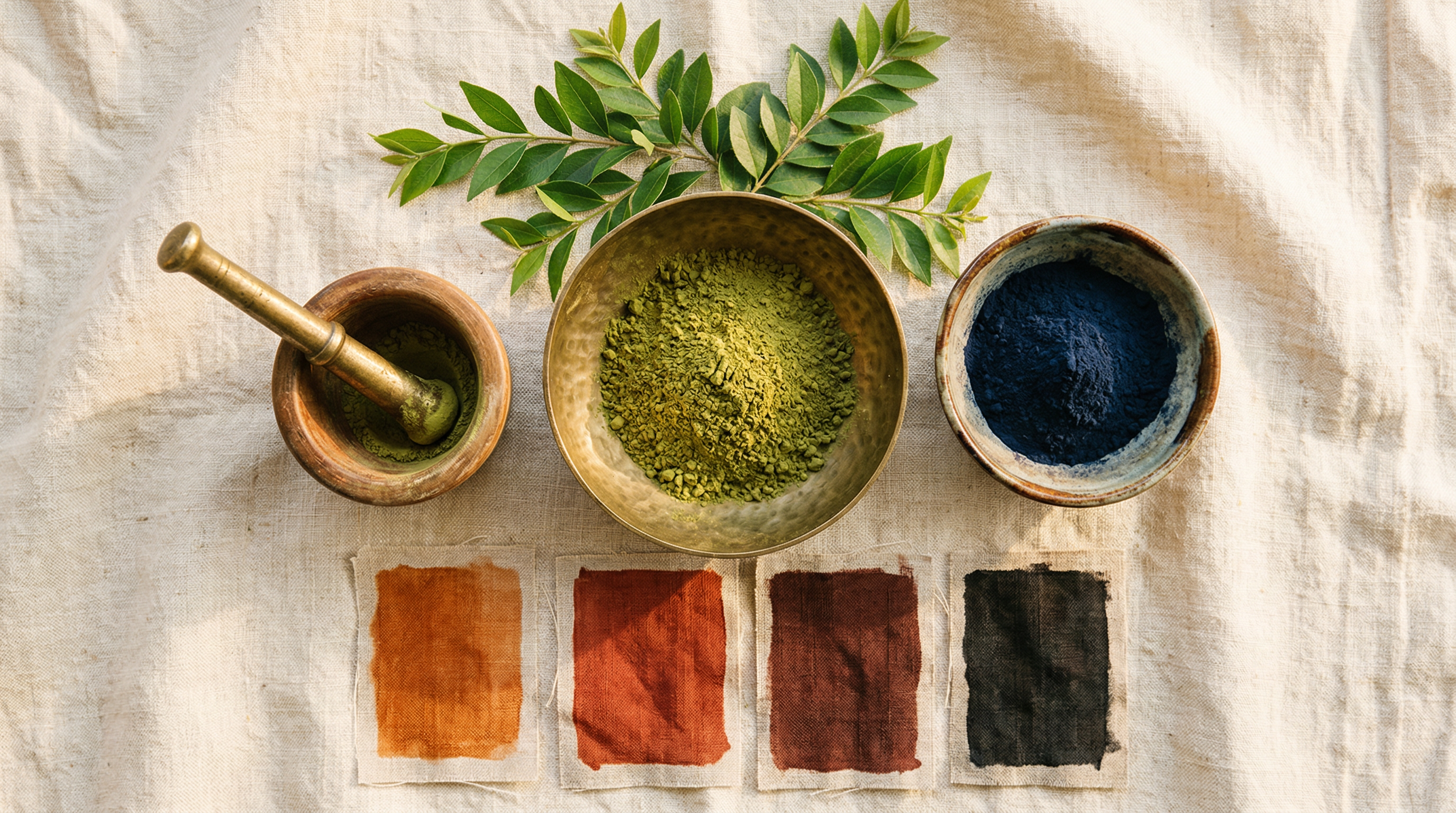 Henna powder, indigo powder, and color swatches on linen showing the progression from orange to deep brown