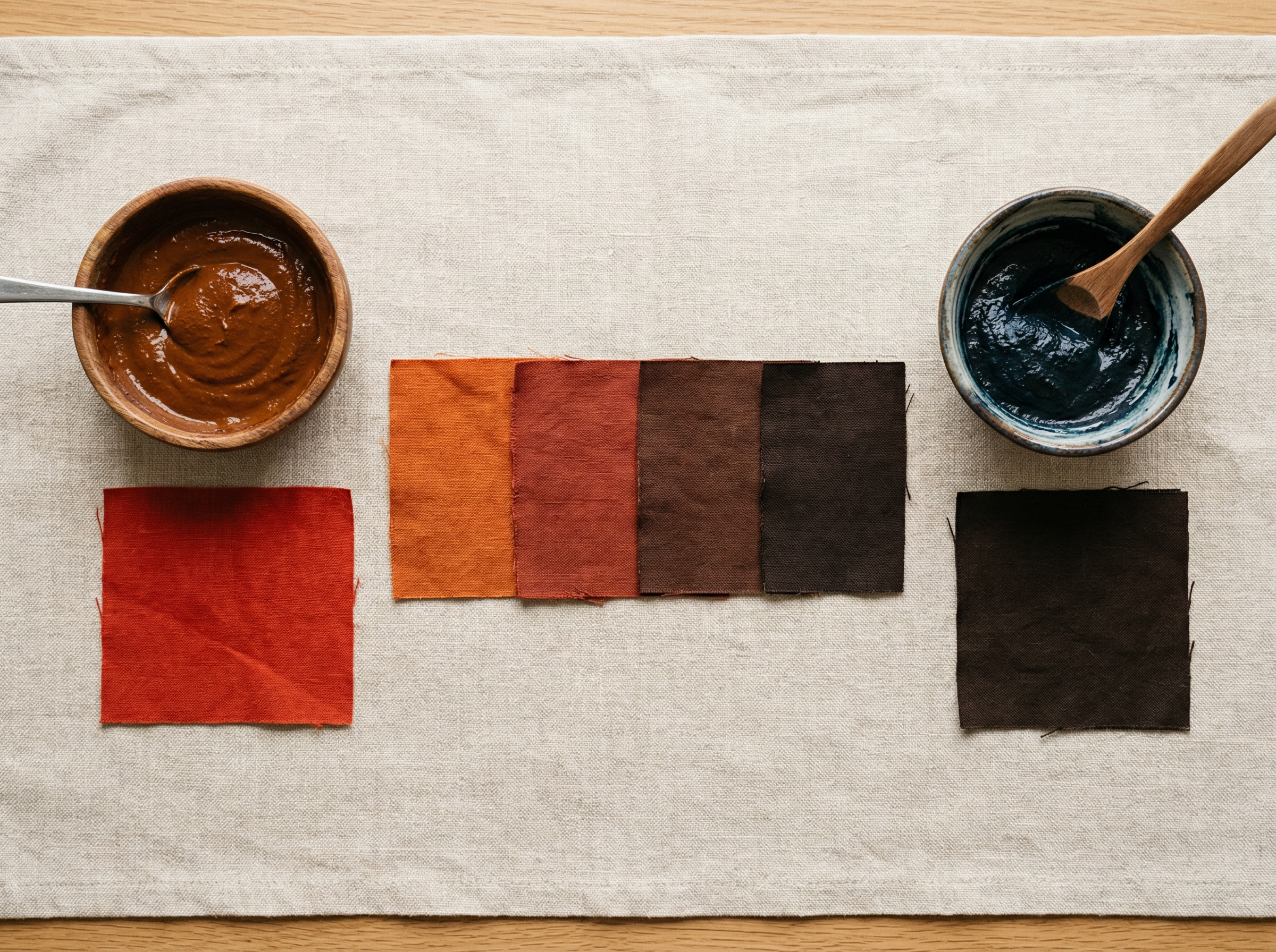 Henna paste and indigo paste in wooden bowls with fabric swatches showing the color progression from bright red through auburn and brown to near-black