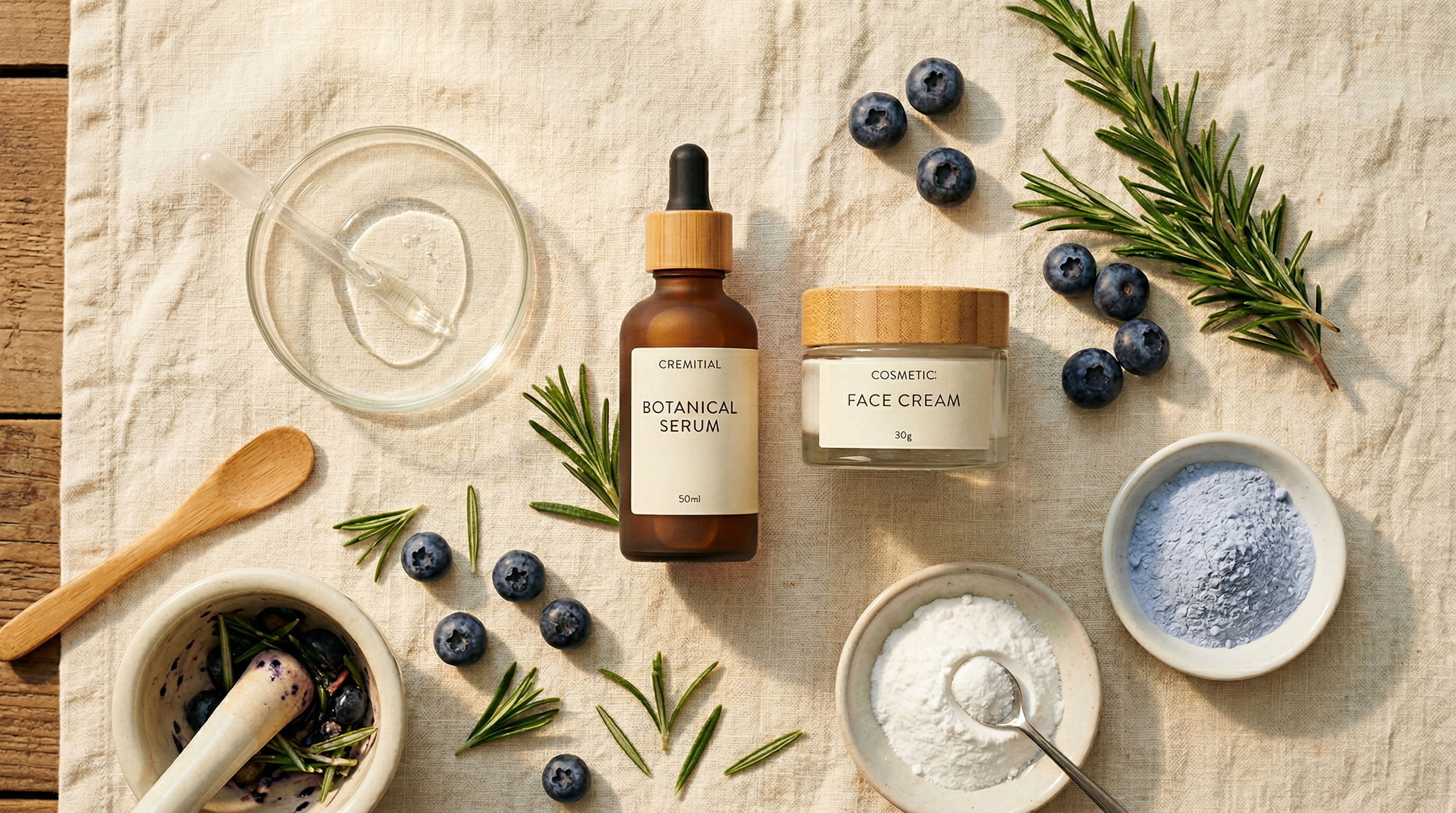 Cosmetic products alongside blueberries and ingredient powders on a warm linen background