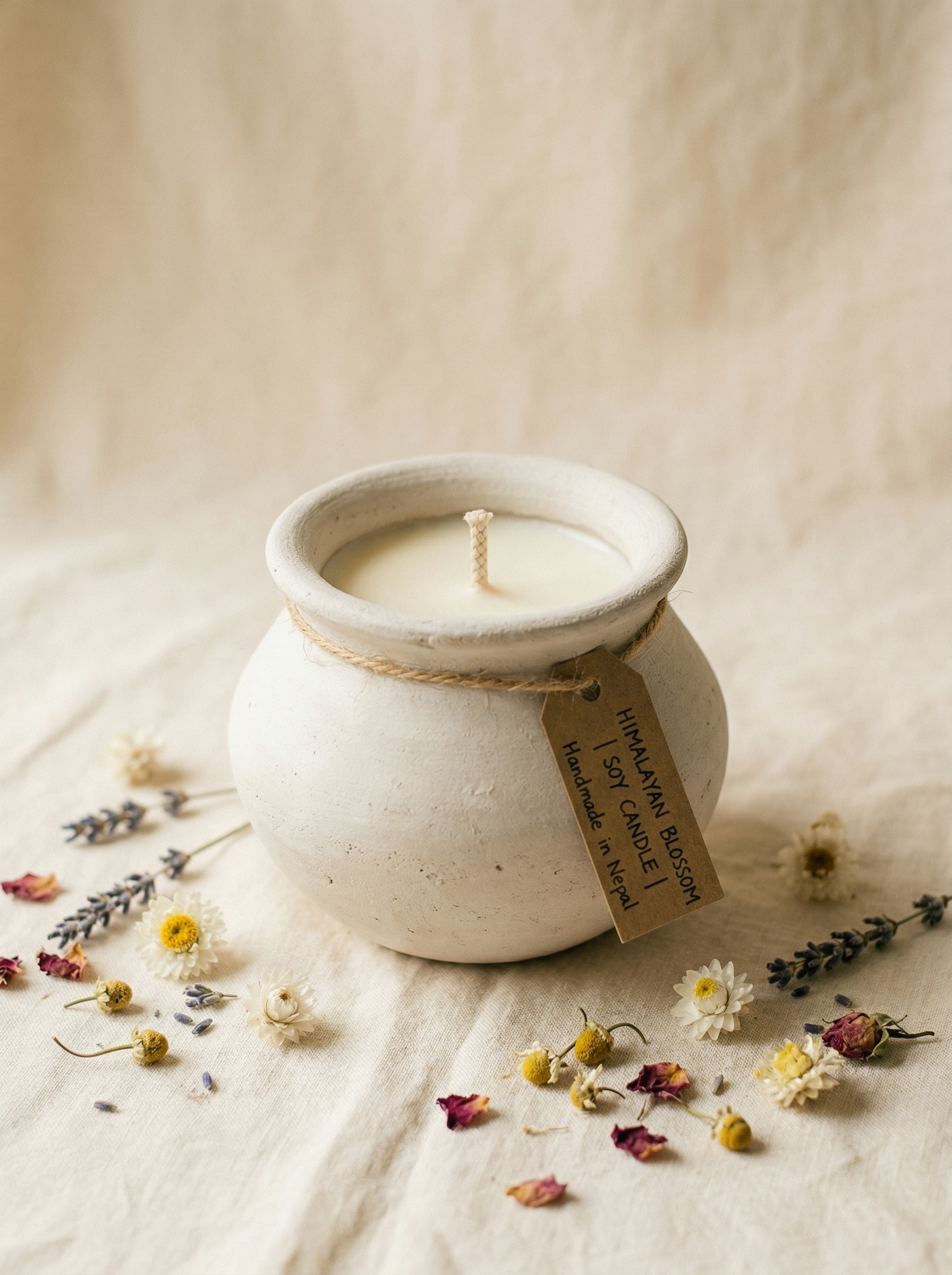Handmade soy candle in white matka clay container