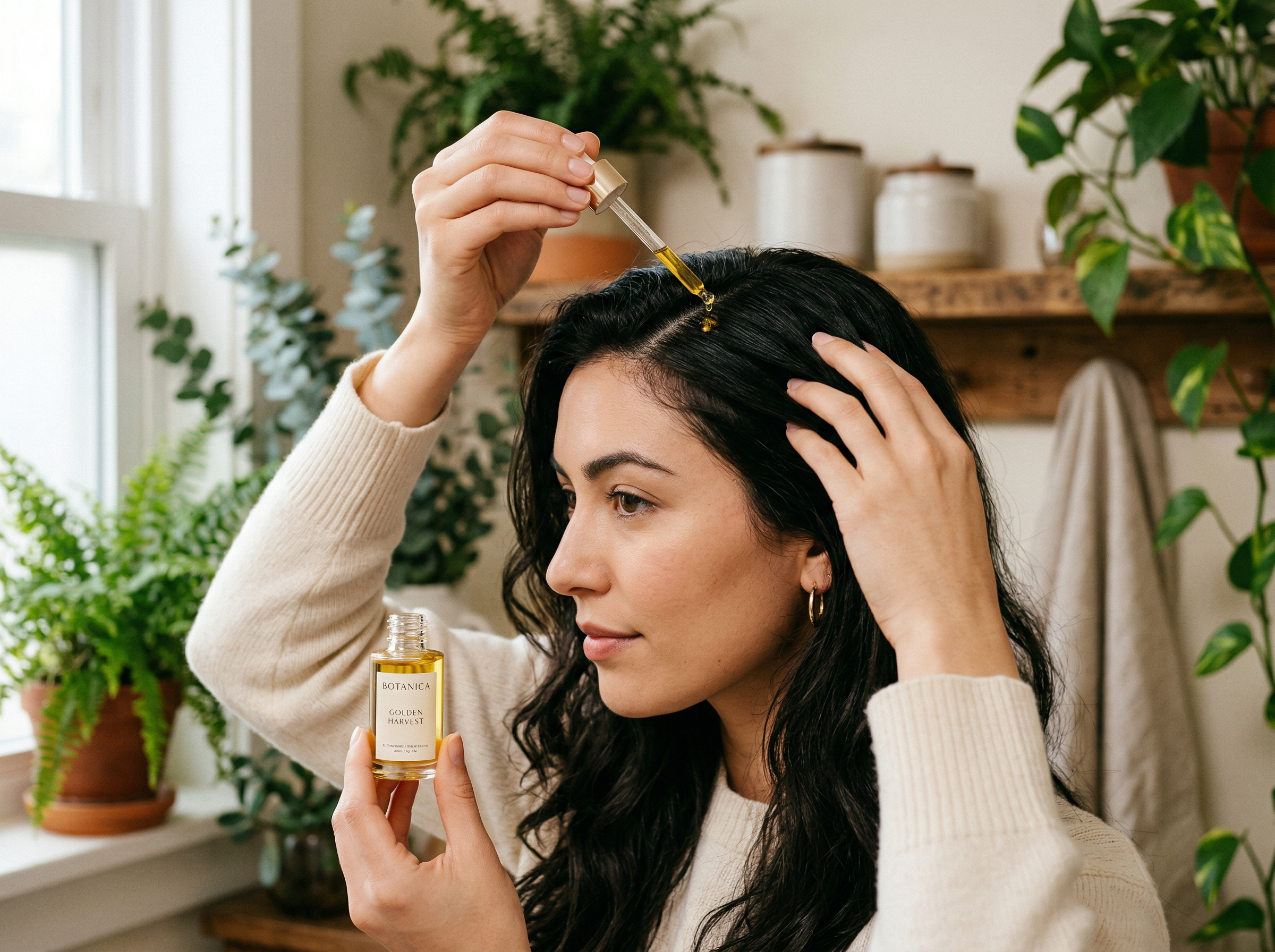 Woman applying Rosemary & Dhatelo Hair Growth Oil to scalp using the dropper